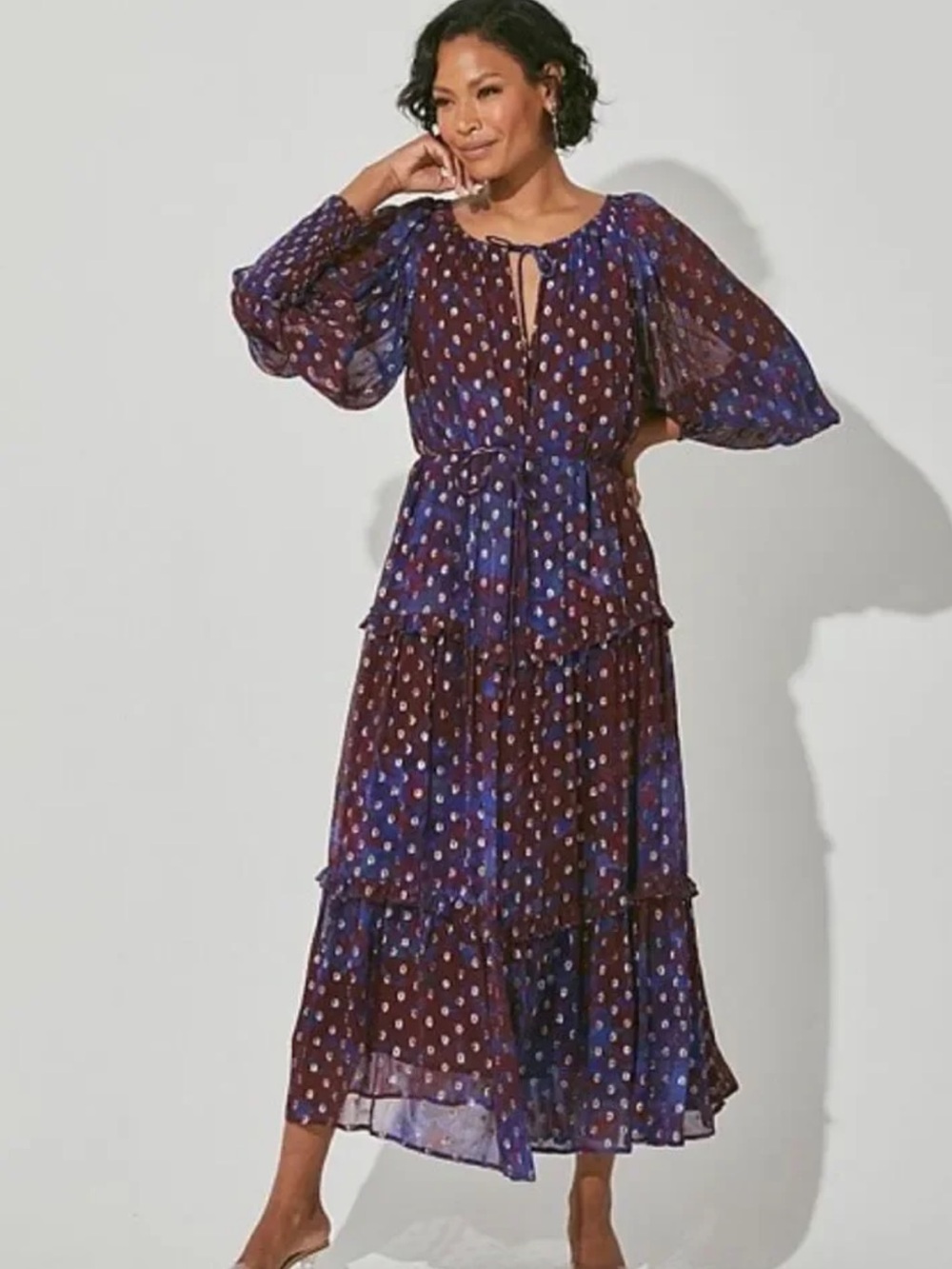 NWT Cleobella Addison Midi Purple Polka Dot Tiered Maxi Dress size Medium